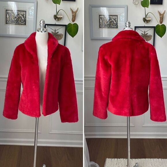 Vintage 80s Guess Faux Fur Red Open Front Teddy Coat M - Picture 1 of 6